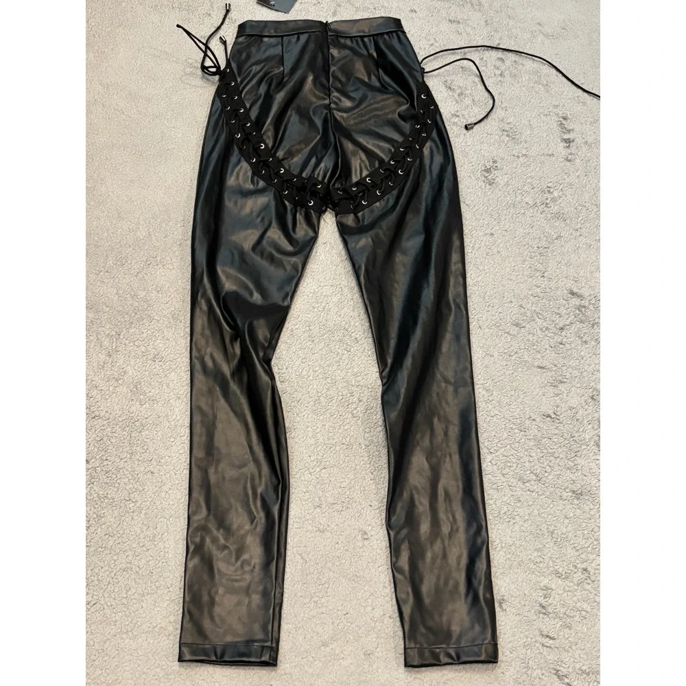 NWT ENVME Vegan Leather Pants Womens Small Black Faux Lace Up Clubwear